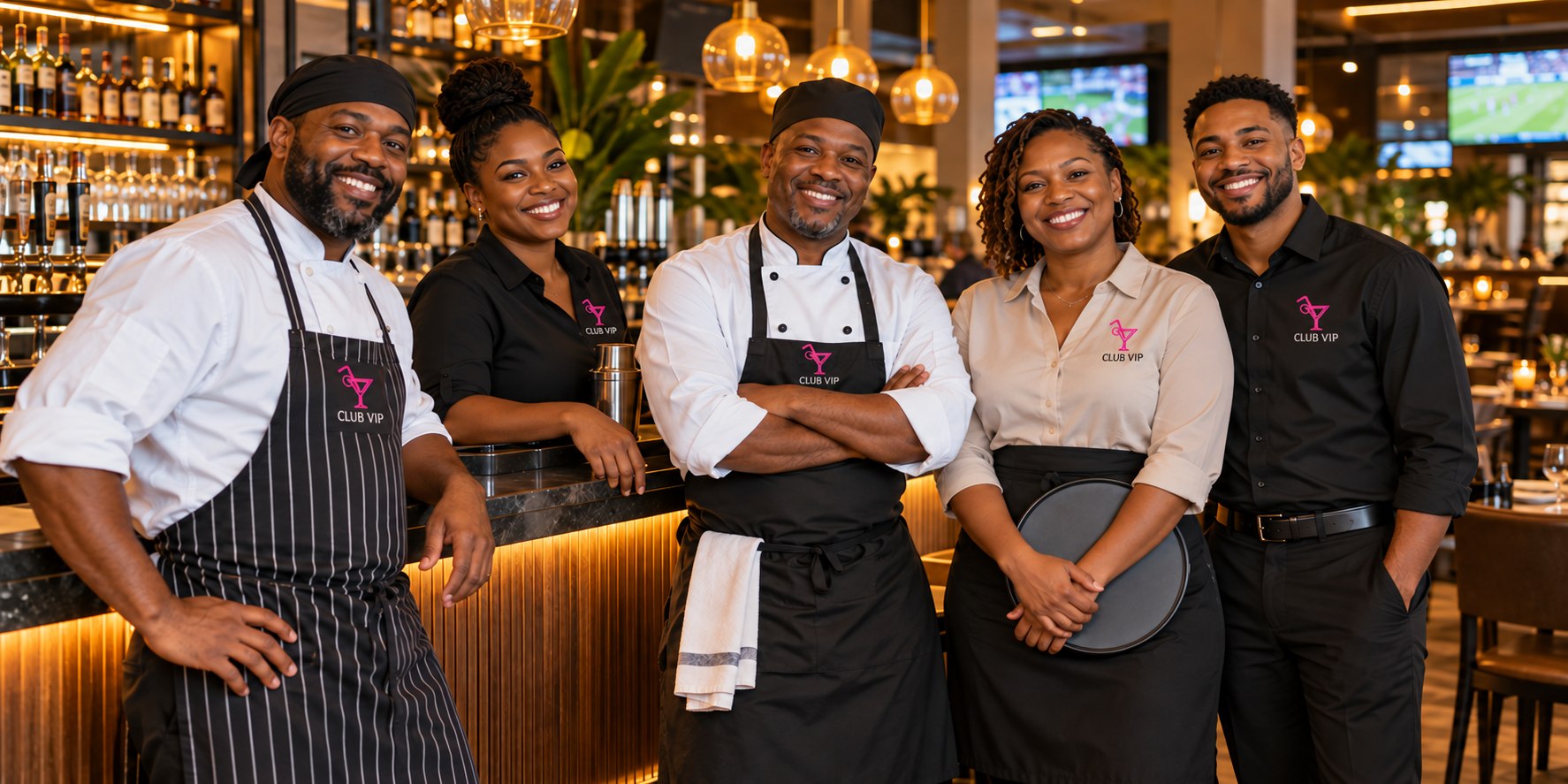 Illustrative restaurant team with chefs, bar and front-of-house colleagues in a welcoming restaurant