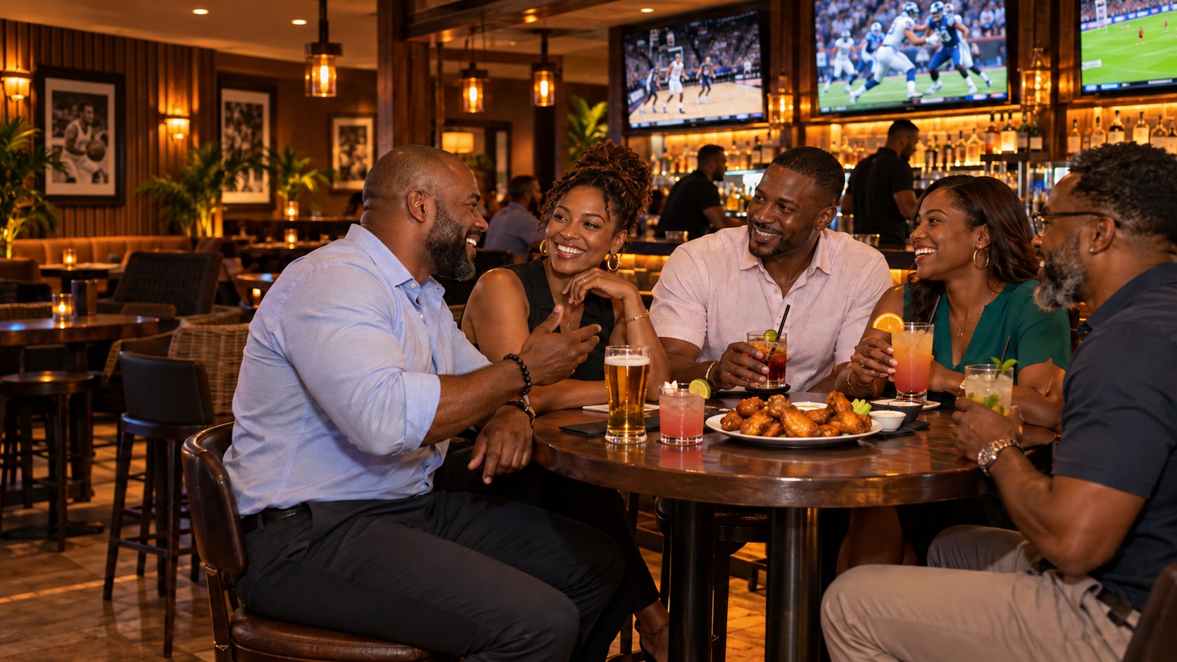 Illustrative adult friends enjoying mixed drinks and wings after work in a sports bar and lounge