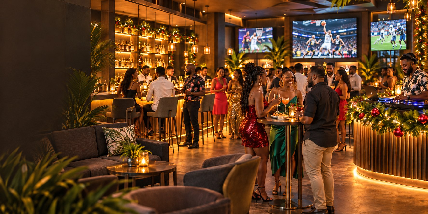 Illustrative festive sports bar and lounge with high-top tables, sports screens and a DJ