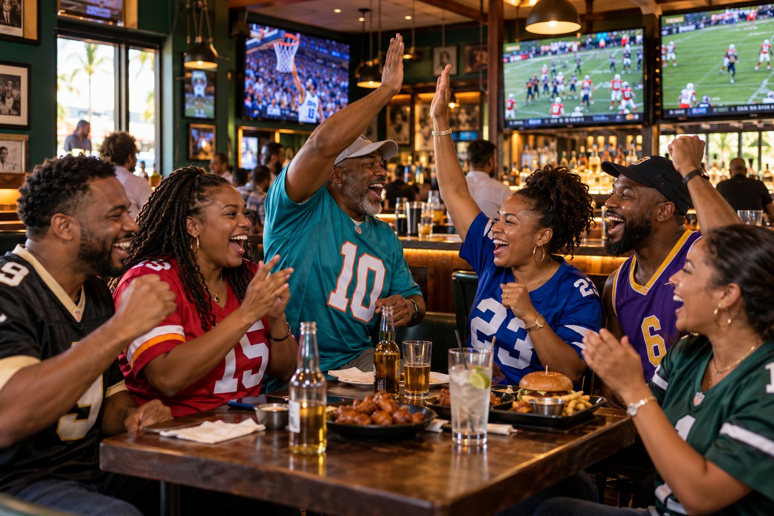 Illustration of friends in football and basketball jerseys cheering together in a sports bar