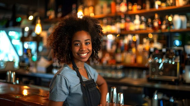 Barmaid A woman standing at the bar smiling for the camera.